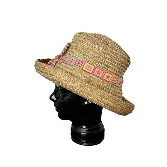 ERIC JAVITS Straw Sun Hat Boho Beaded Bucket Cloche USA Women’s Resort Rainbow - Picture 2 of 10